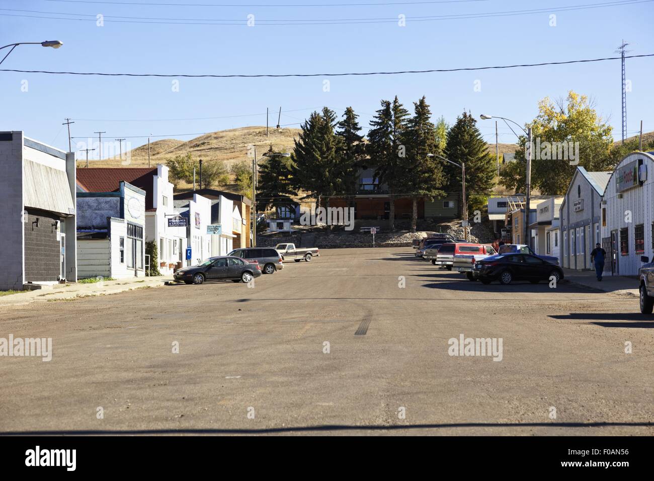 Parked cars on main street in Rockglen, Saskatchewan, Canada Stock