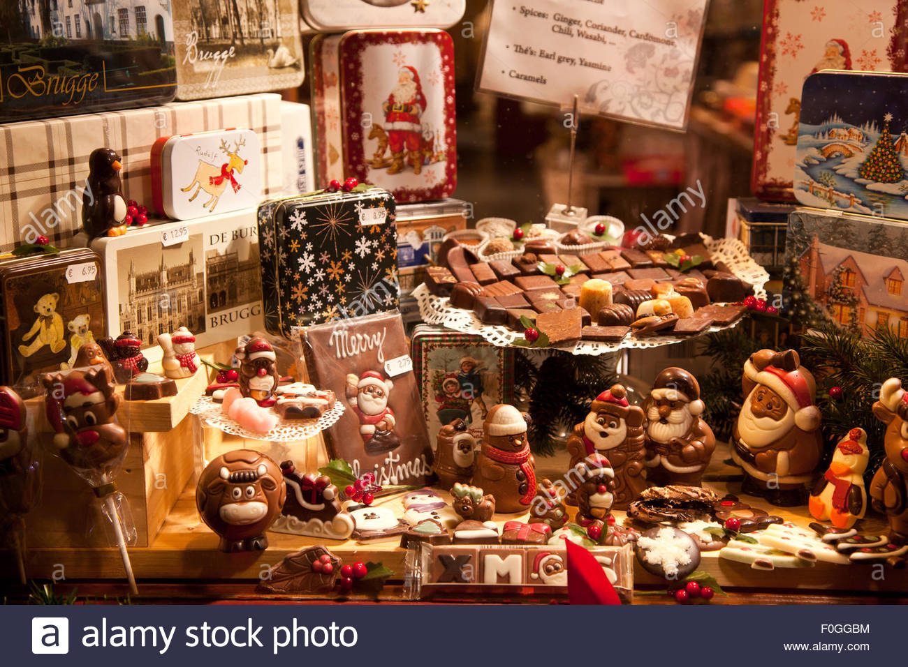 Christmas chocolate shop in Bruges, Belgium Stock Photo, Royalty Free