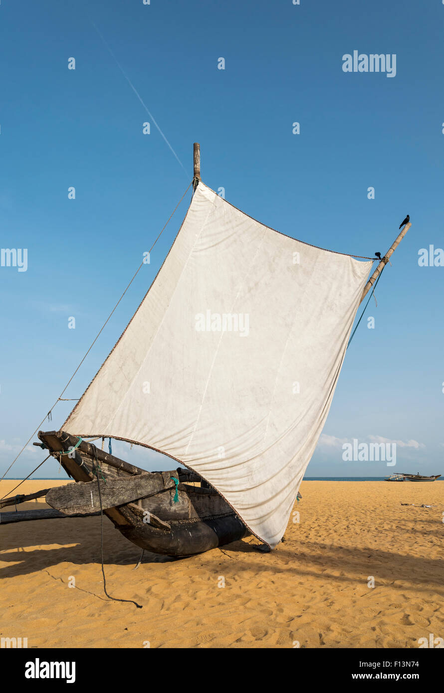 Traditional Catamaran Fishing Boat Oruva With White Sail On Sand Of