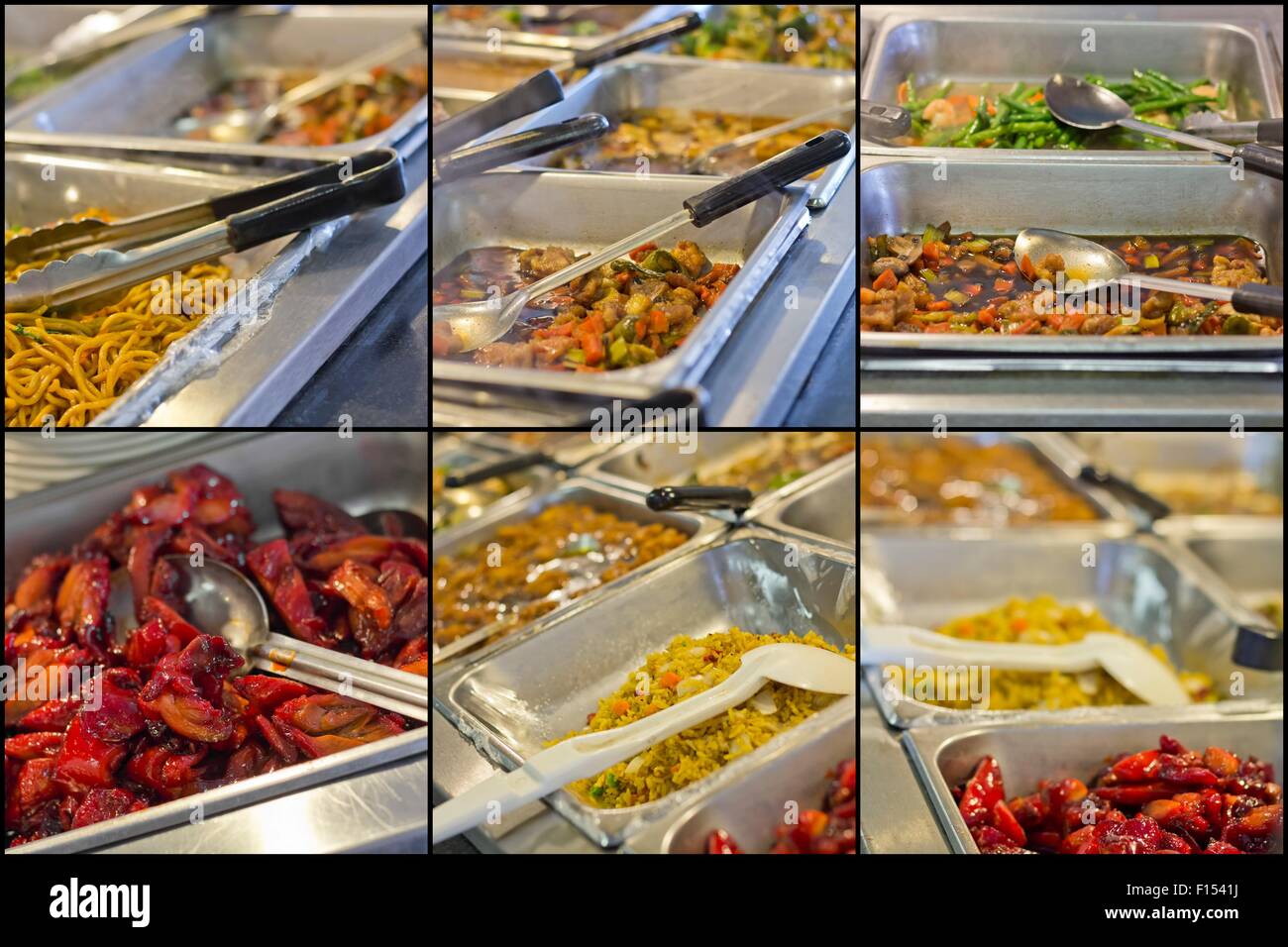 Chinese food buffet self service lunch or dinner collage images Stock