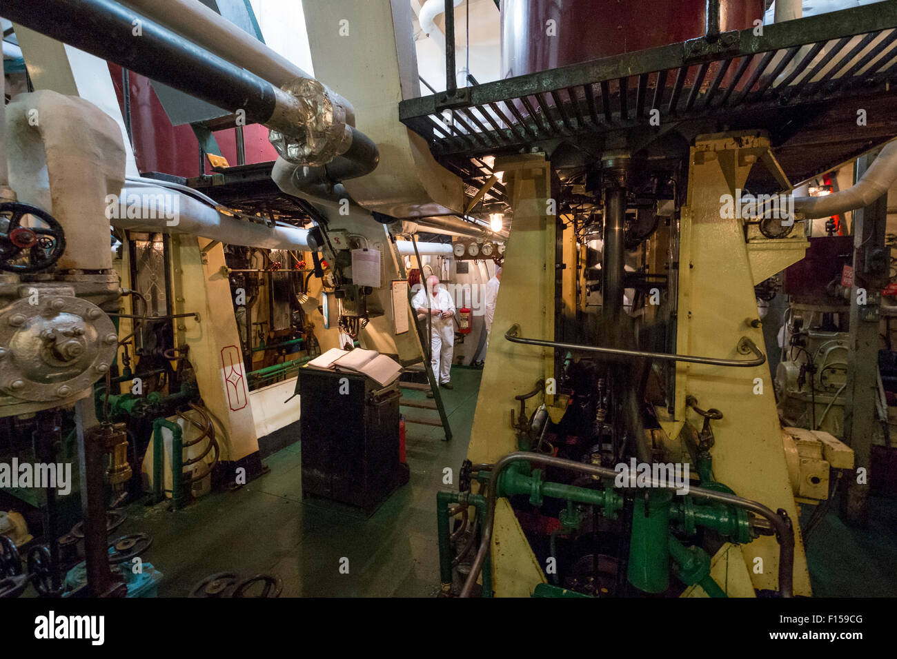 Steam engine room on steam ship SS Shieldhall Stock Photo, Royalty Free