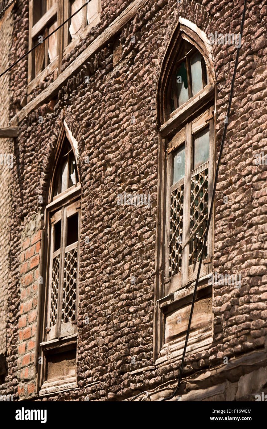 India jammu kashmir srinagar fateh kadal gothic arched windows of colonial era house