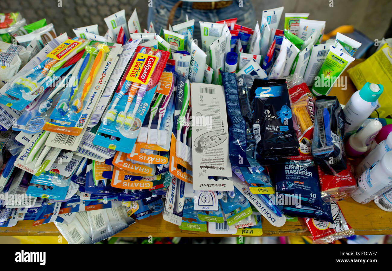 Munich, Germany. 1st Sep, 2015. Donated toothbrushes and toothpaste