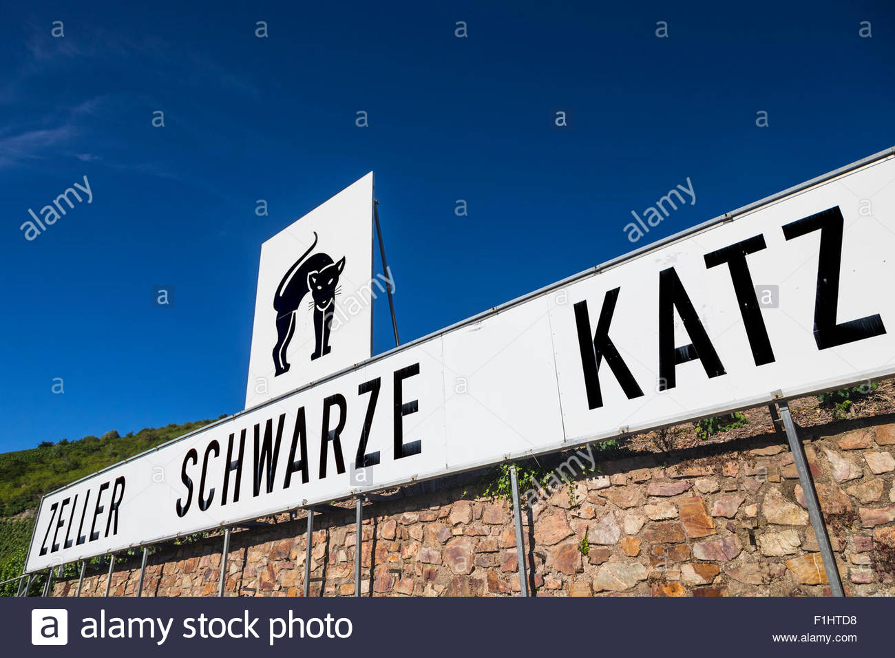 Moselle wine Zeller Schwarze Katz Black Cat appellation signpost Stock