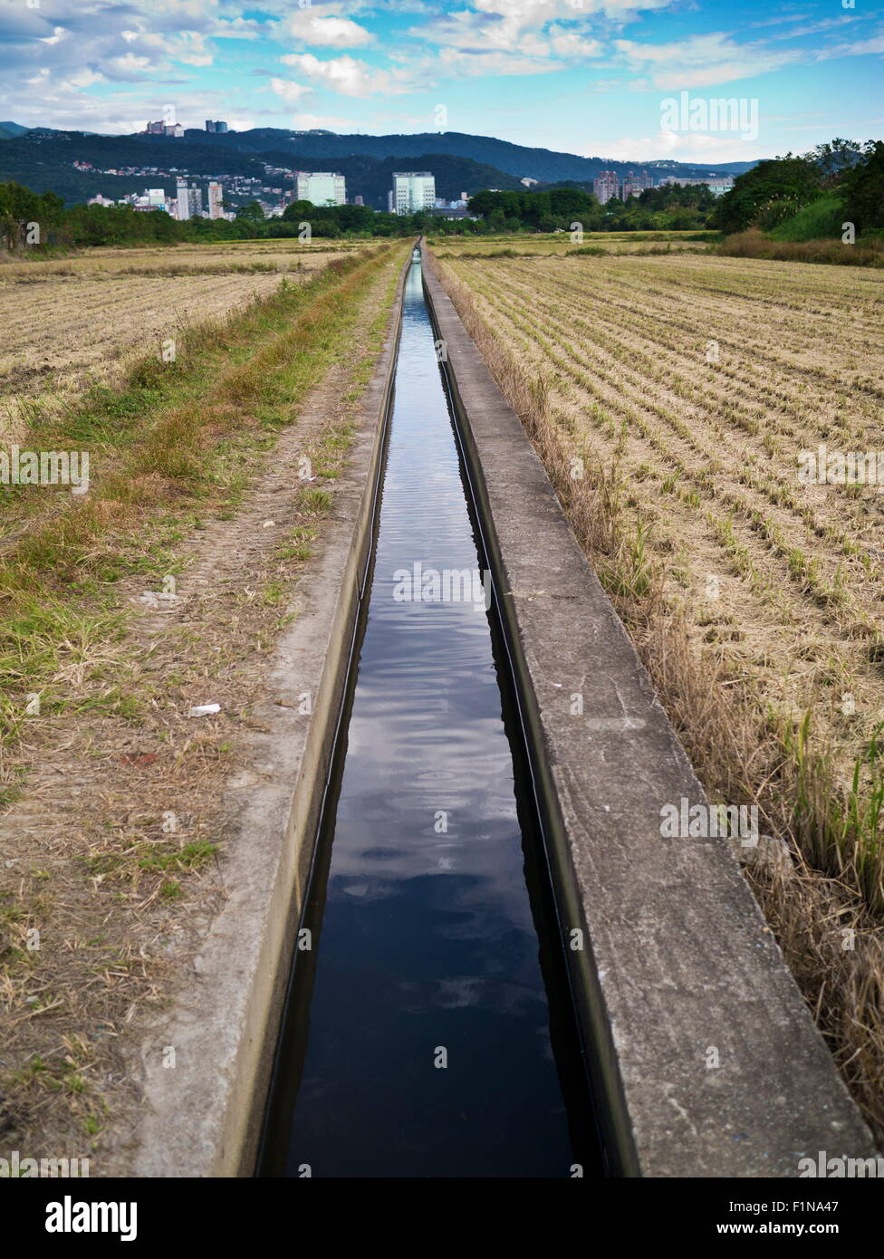 Irrigation canal through the farm field Stock Photo, Royalty Free Image