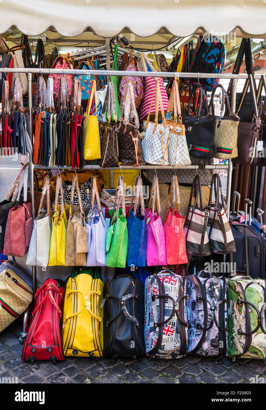 Stand of replica designer bags in a Rome market, Rome, Italy Stock Photo, Royalty Free Image ...