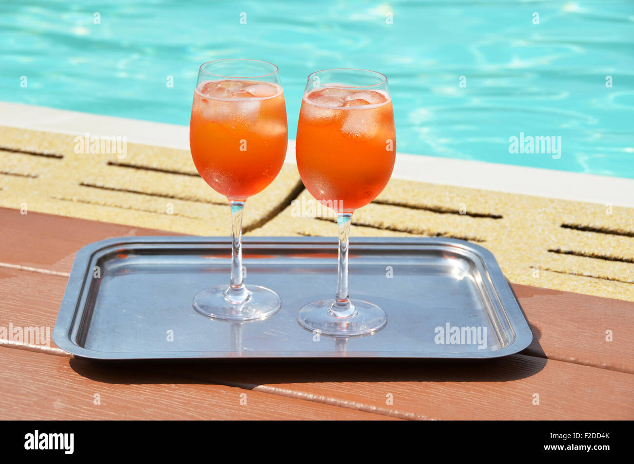 Pair Of Traditional Italian Spritz Cocktails At The Swimming Pool Stock