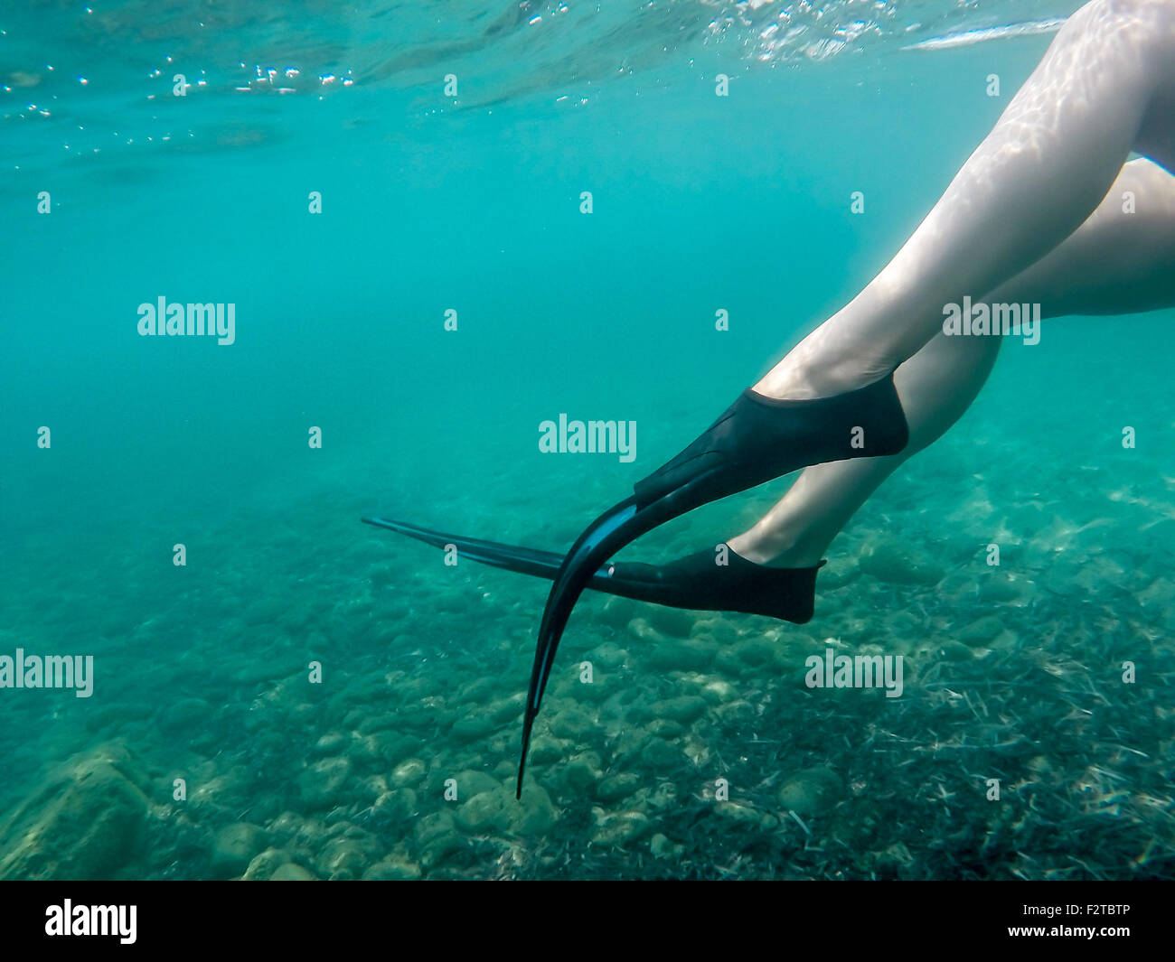 Woman Swimming Underwater With Flippers Hi Res Stock Photography And