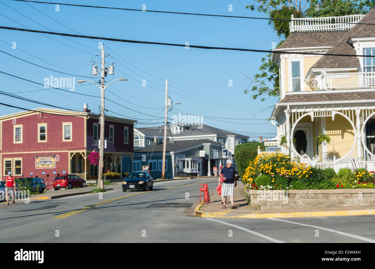 Canada Mahone Bay Nova Scotia small village with shops and traffic on