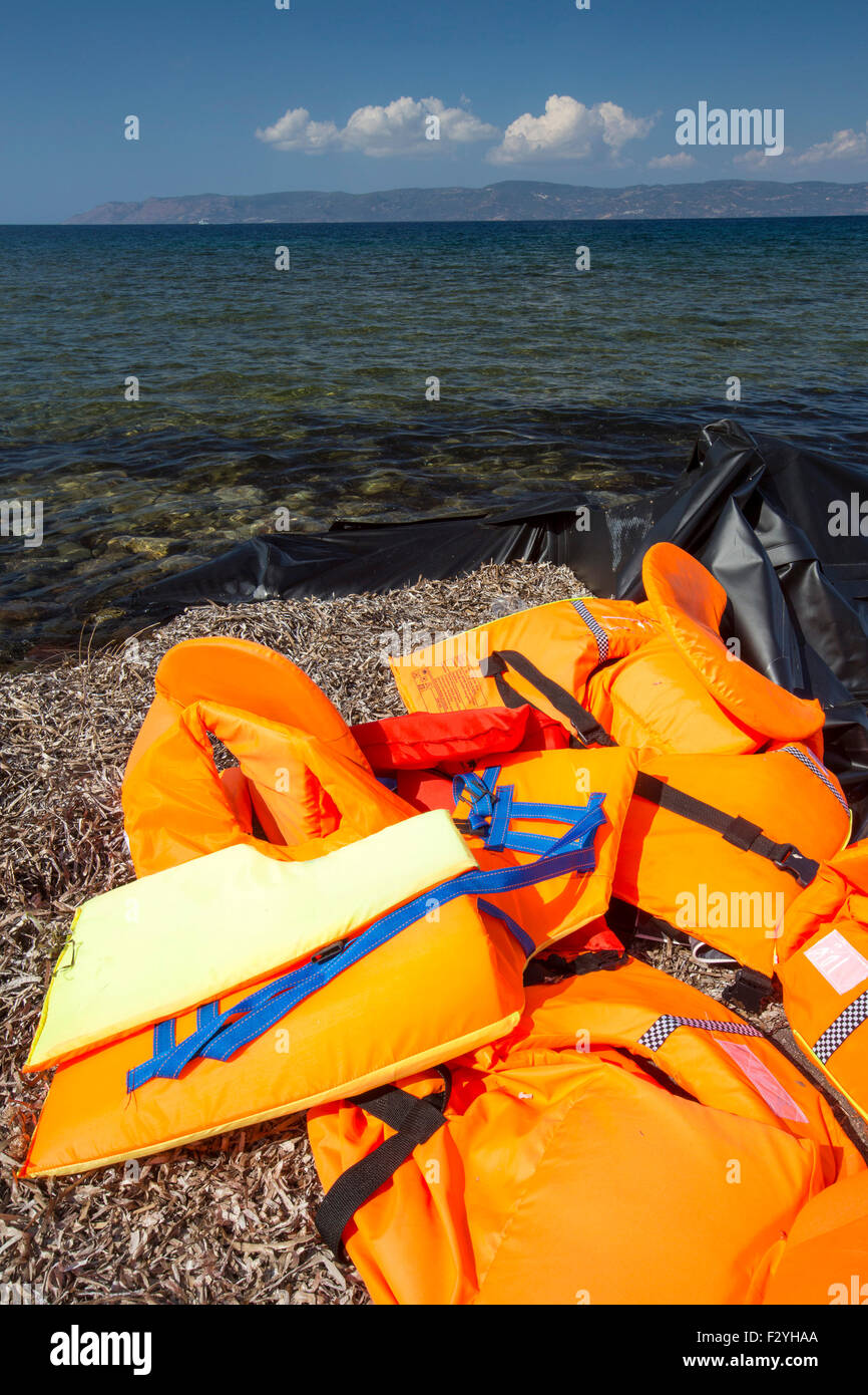 Lesvos, Greece. 25th Sep, 2015. Life jackets and the remains of a
