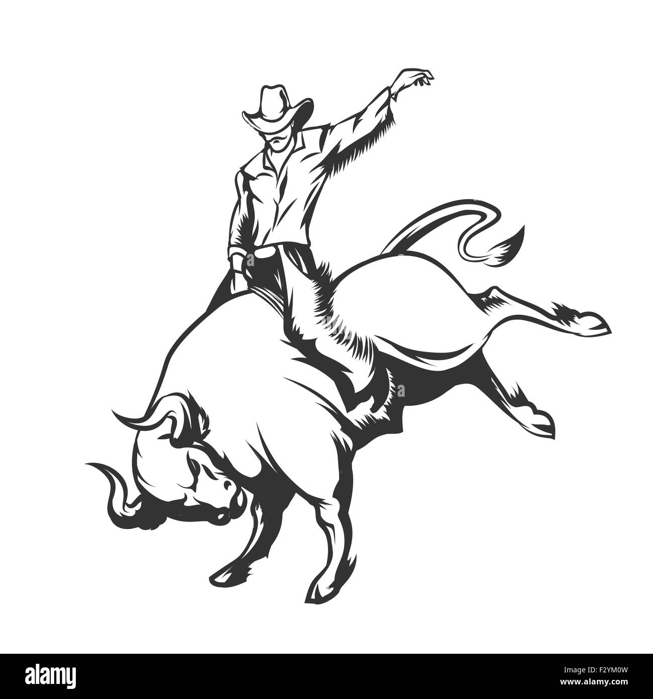 Rodeo cowboy riding a wild bull. Monochrome isolated on white Stock