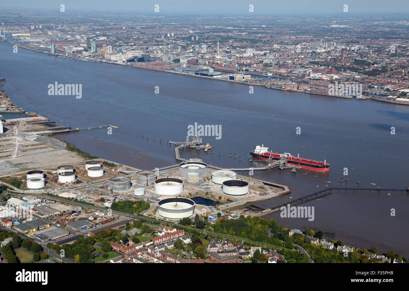 aerial view of Tranmere Oil Terminal on the Wirral on the River Stock
