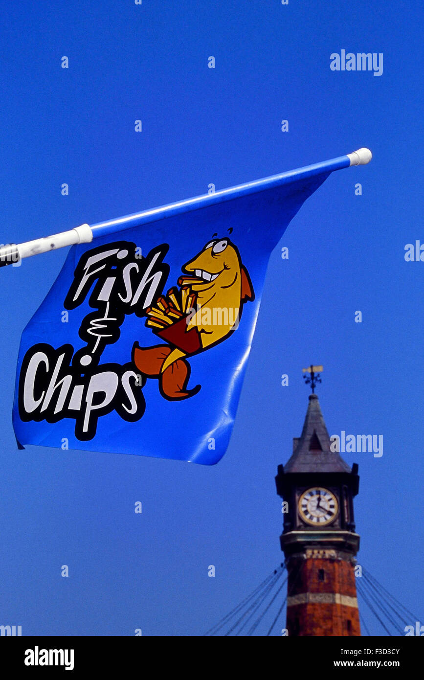 Fish and Chip shop sign by the clock tower at Skegness. Lincolnshire