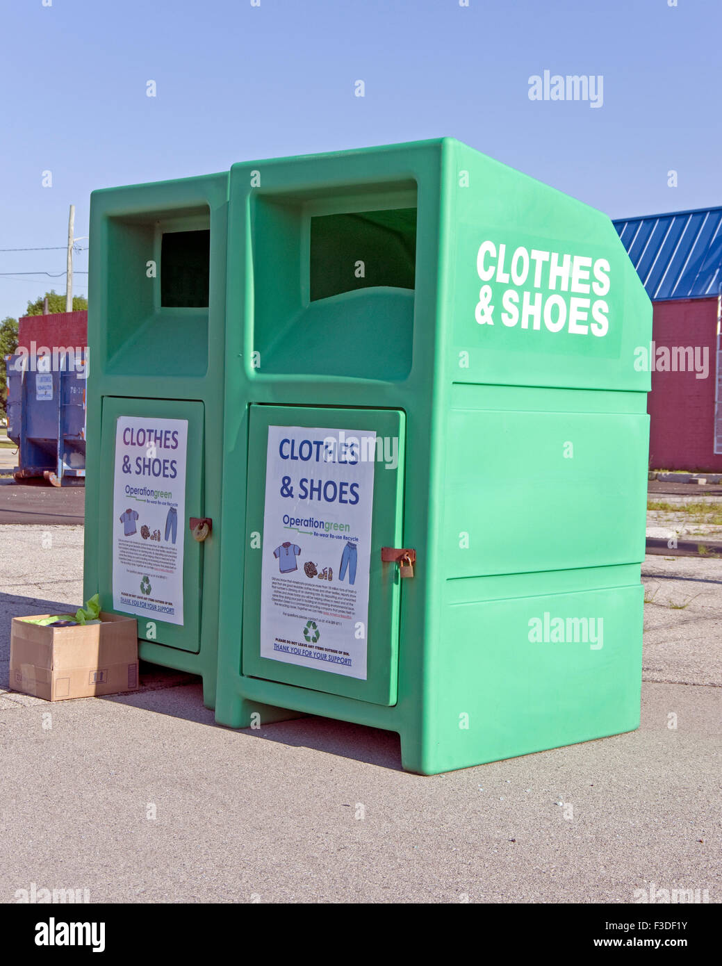 Clothing donation drop off bins for commercial recycling