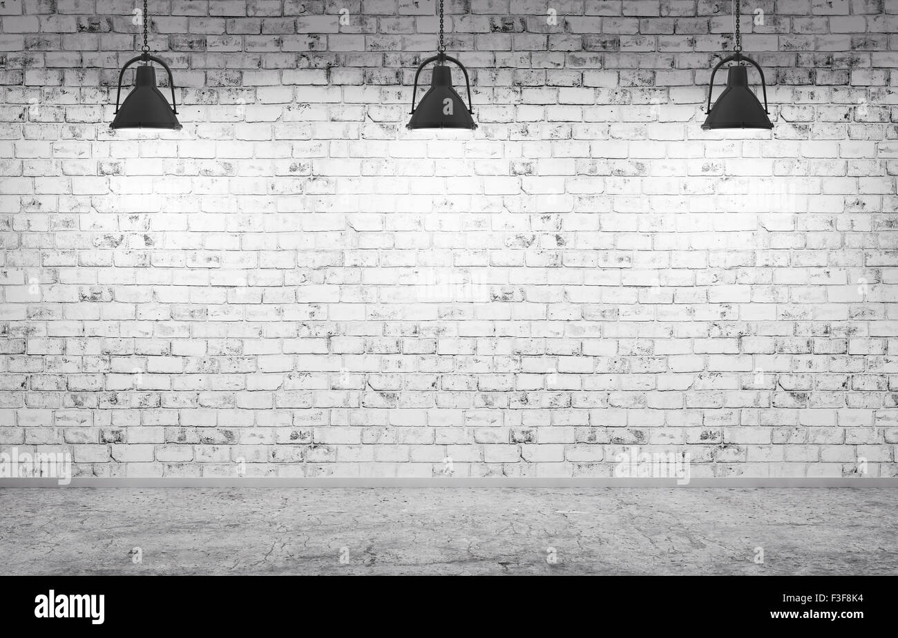 Interior of a room with brick wall, concrete floor and lamps 3d Interior of a room with brick wall, concrete floor and lamps 3d