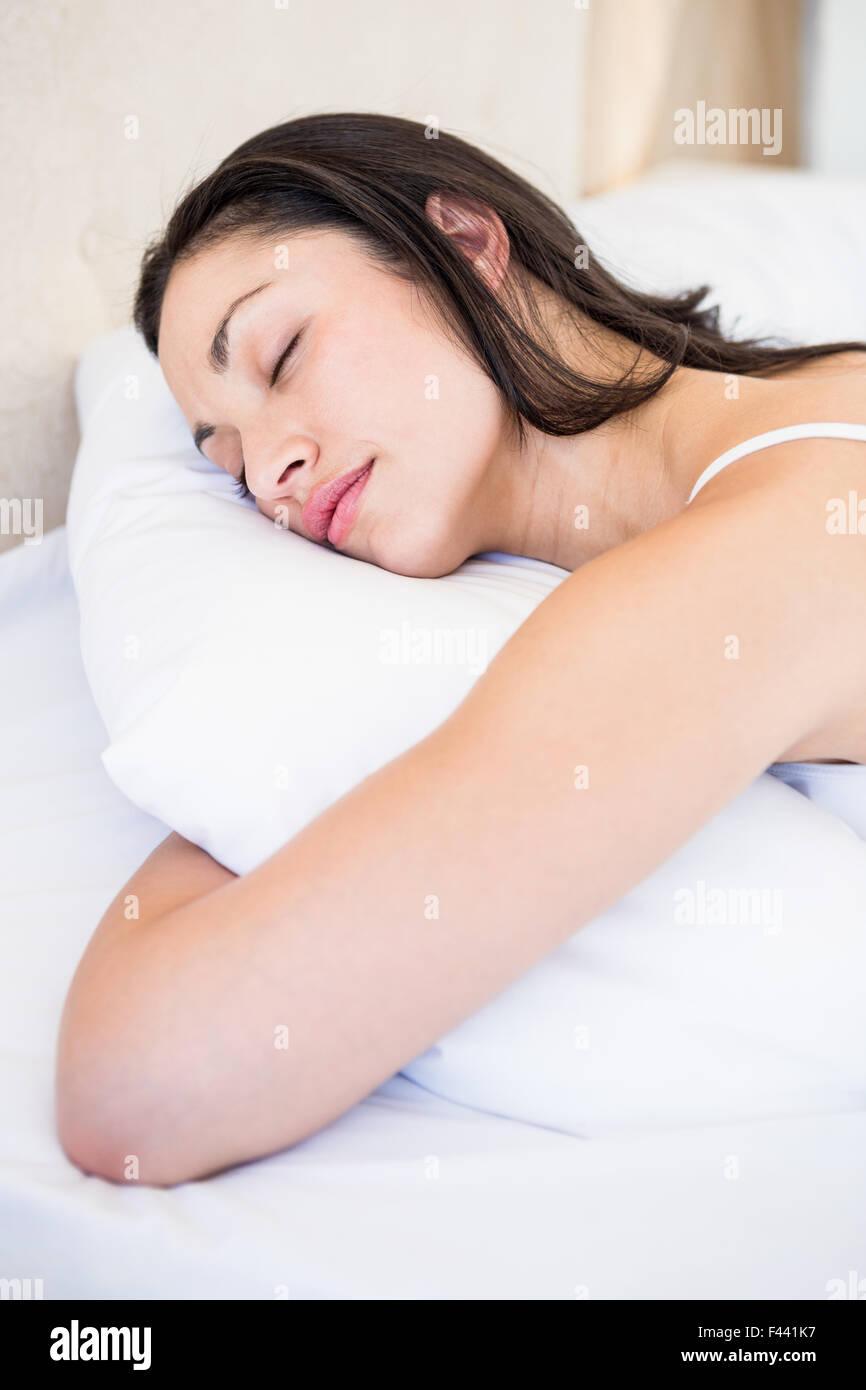 Pretty Brunette Sleeping On Bed Stock Photo Alamy