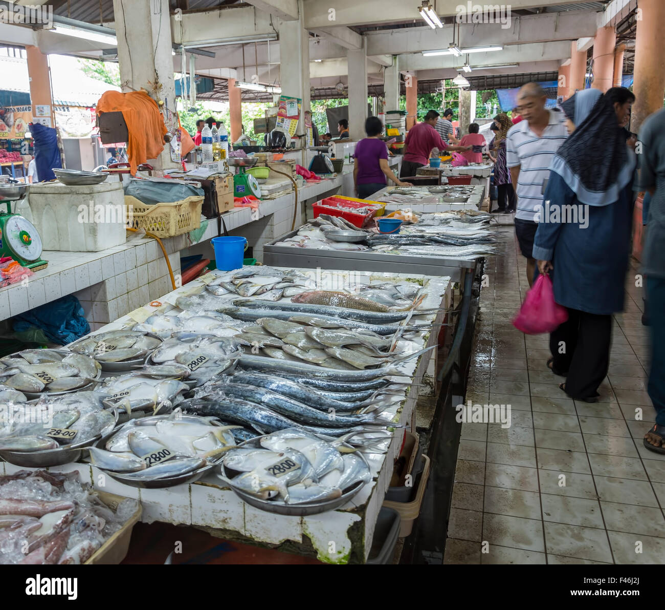 JOHOR, MALAYSIA 23 NOVEMBER 13 Fish seller at Parit Jawa Market