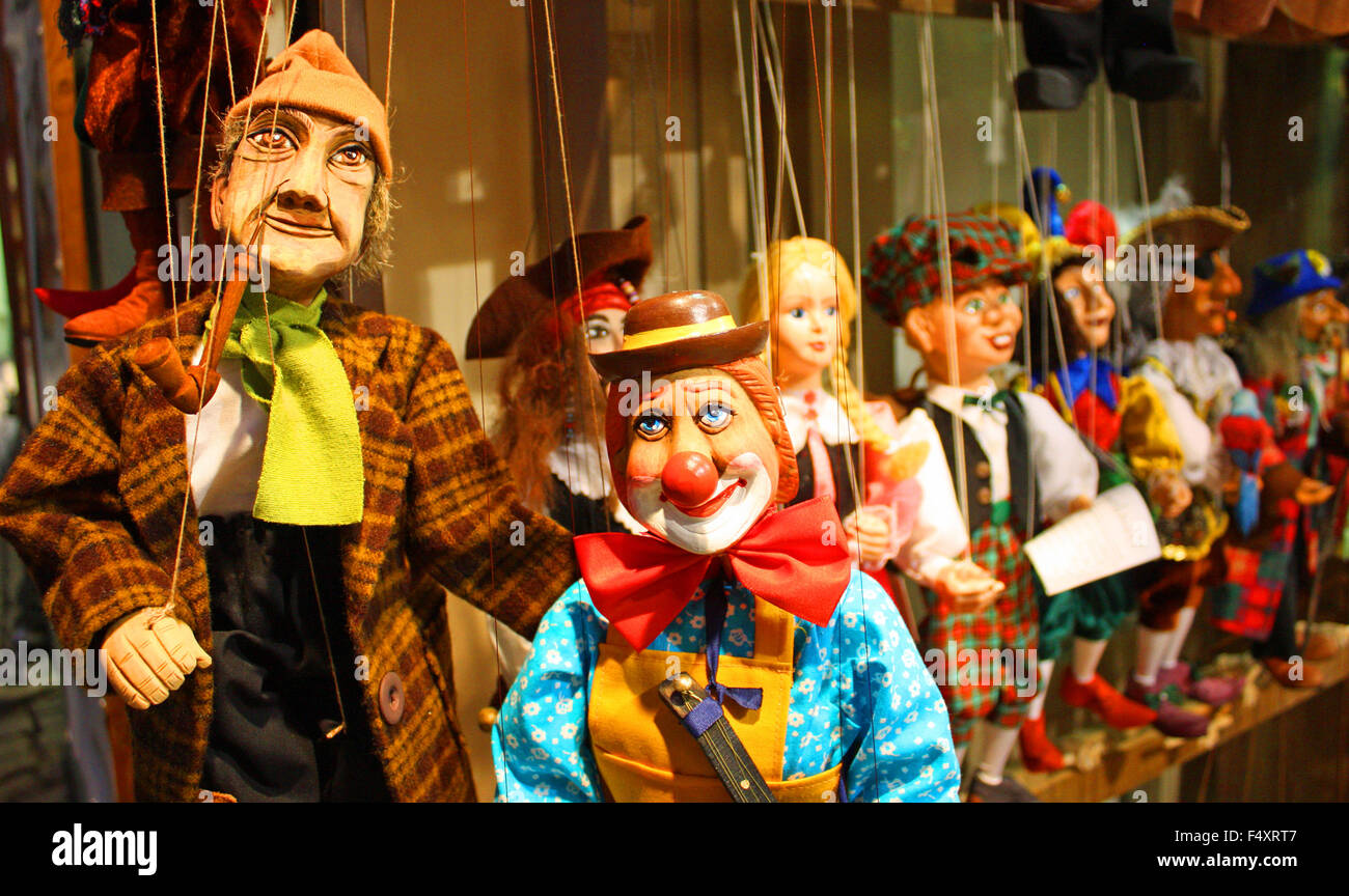 Traditional puppets made of wood. Shop in Prague Czech Republic Stock