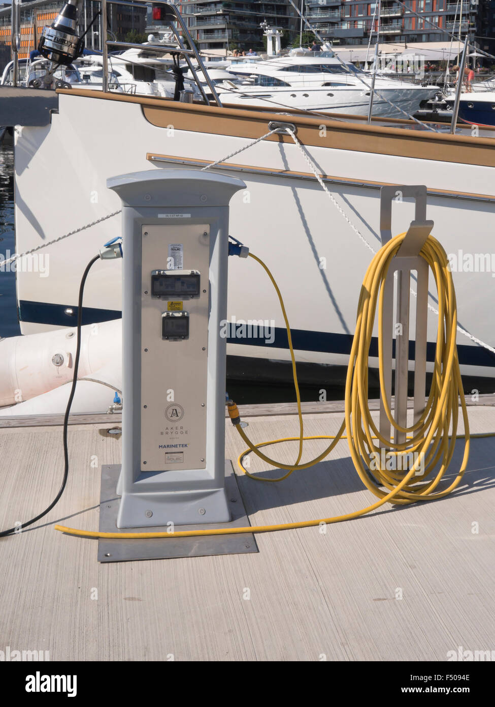 Charging station, power supply for yachts in the marina at Aker Stock