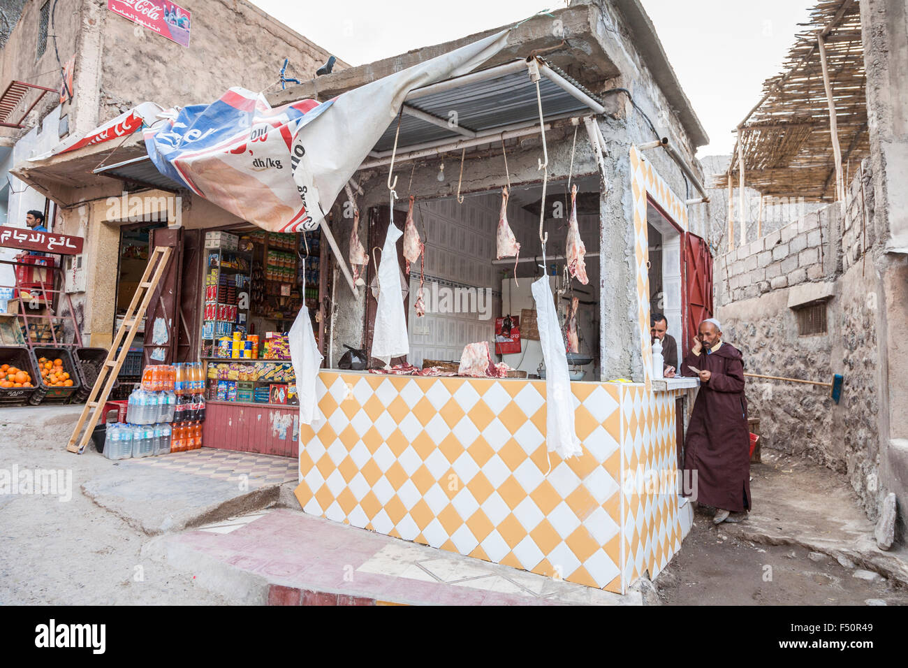 Local Moroccan lifestyle Butchers shop and and general store stall