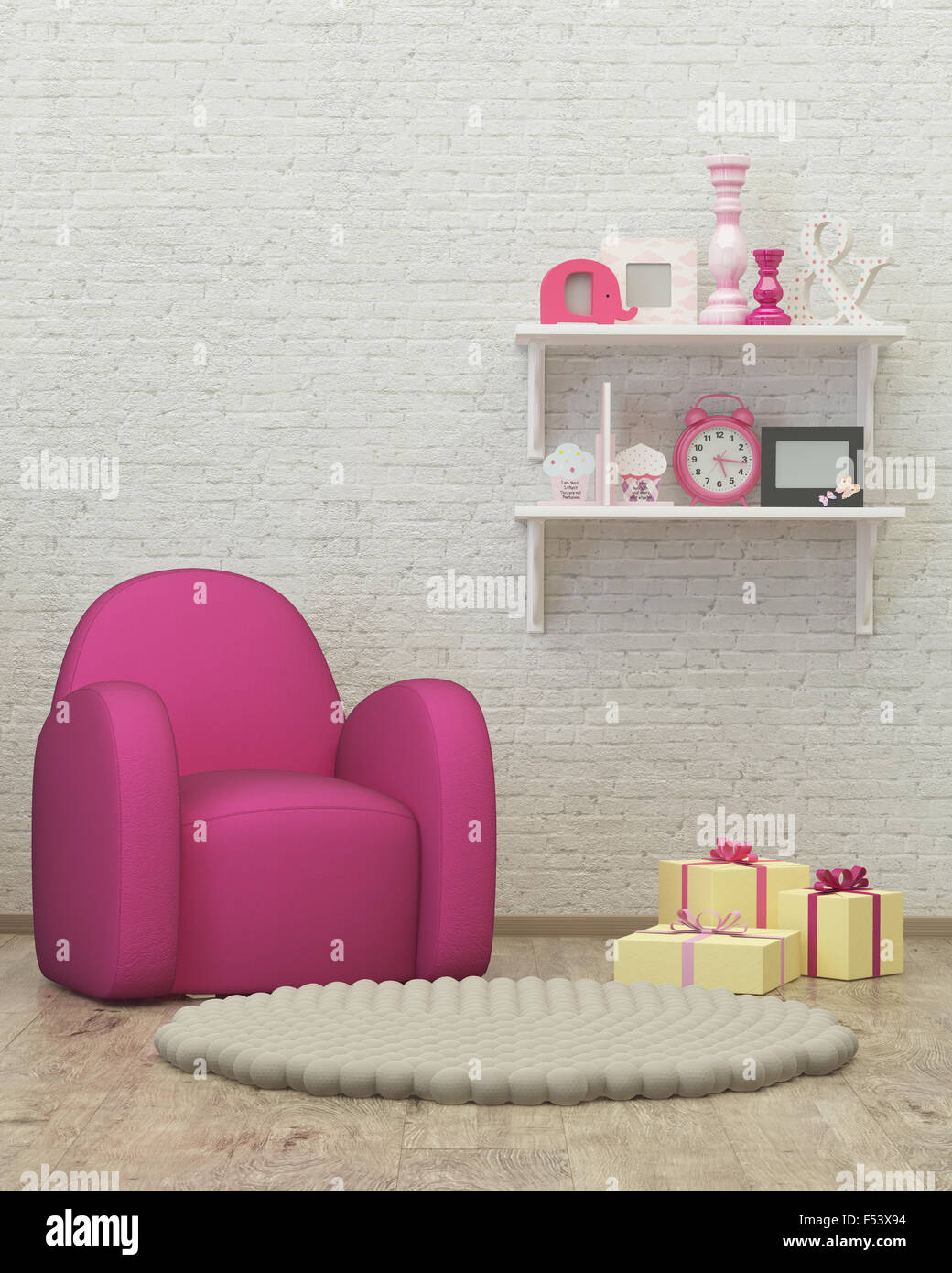 kids room interior 3d render image, pouf,presents stock photo kids room interior 3d render image, pouf,presents stock photo