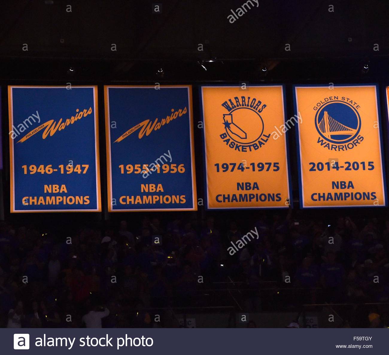 The Golden State Warriors 2017 NBA Championship banner is unveiled before  their game aga…