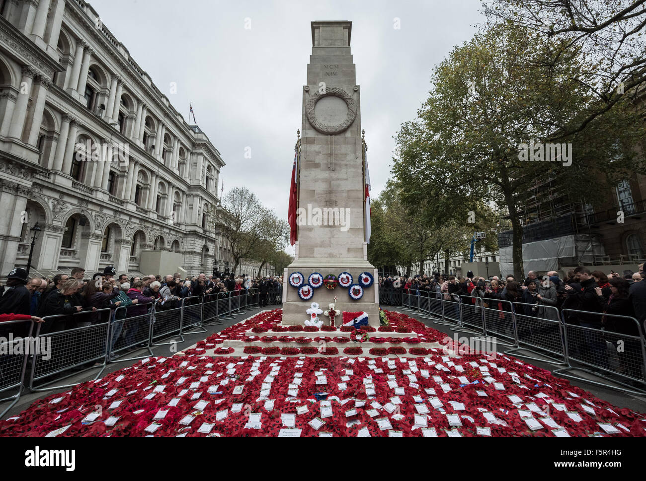 London, UK. 8th November, 2015. Remembrance Day Poppy Wreaths at The