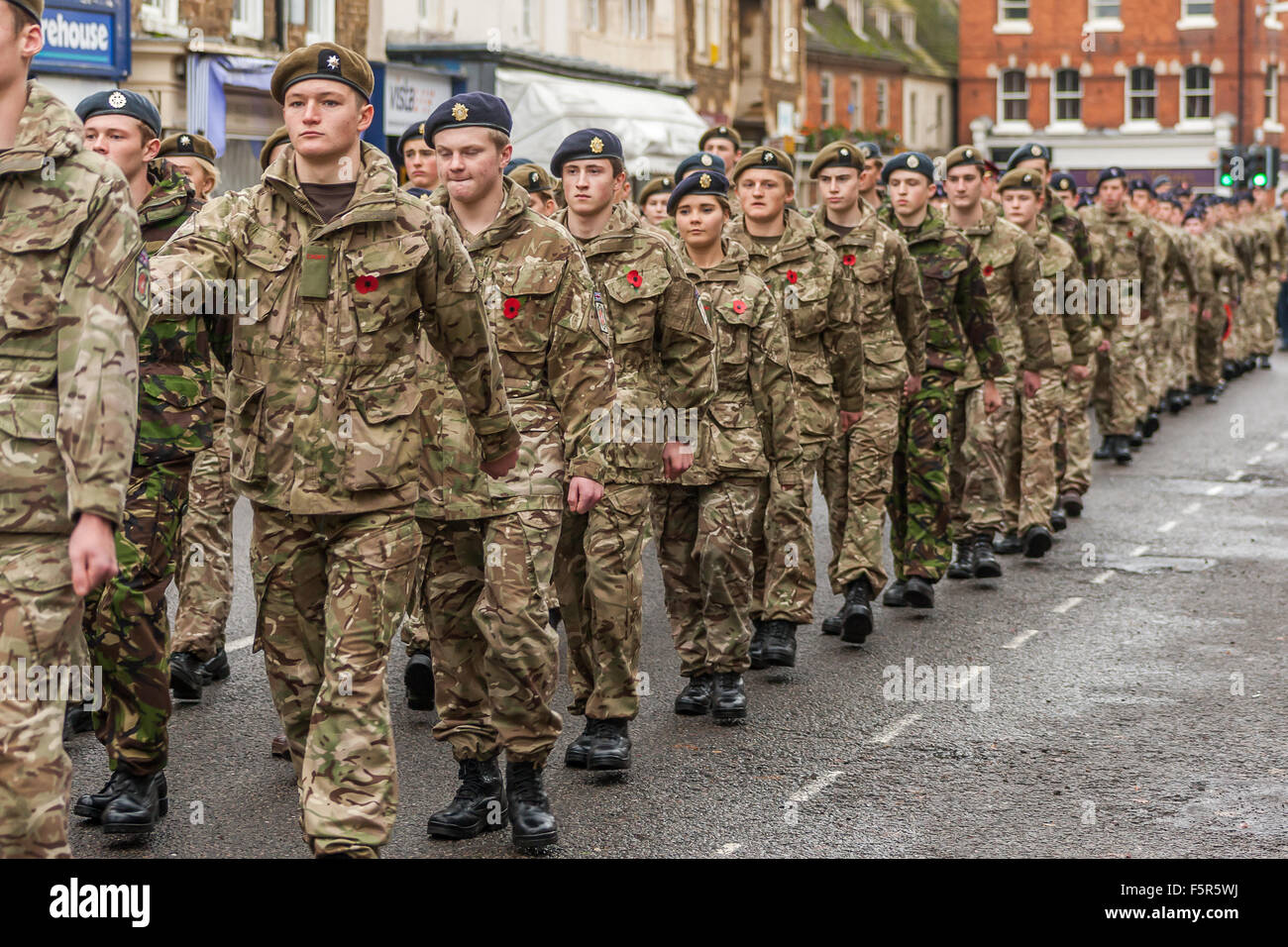 Oakham, Rutland, UK. 8th November 2015. Army Cadet Force marching to Stock Photo, Royalty Free
