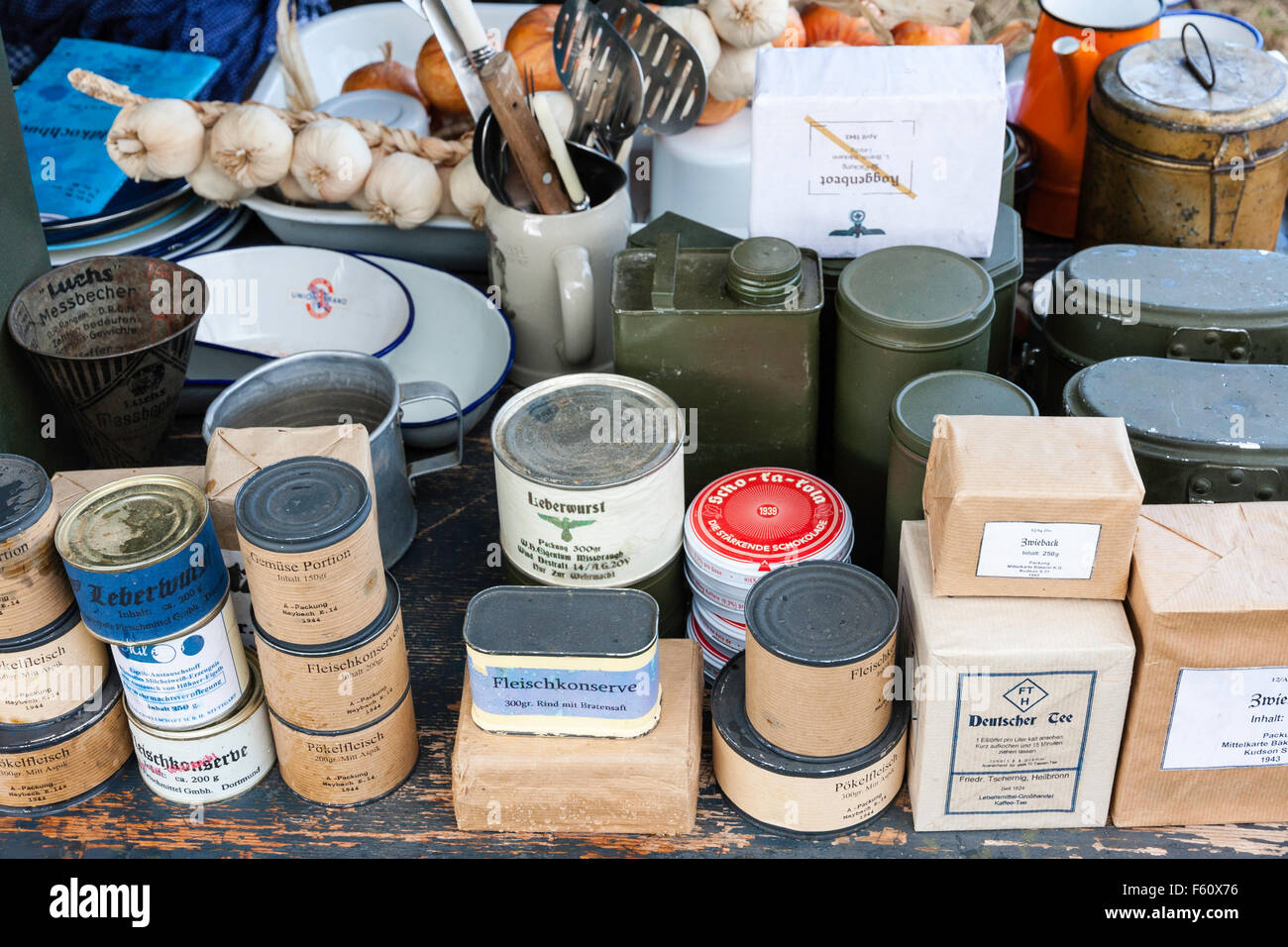 World war two reenactment. Wehrmacht food field supplies, boxes and