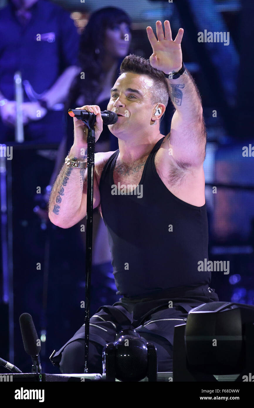 Robbie Williams performing live in concert at the Adelaide Stock Photo ...