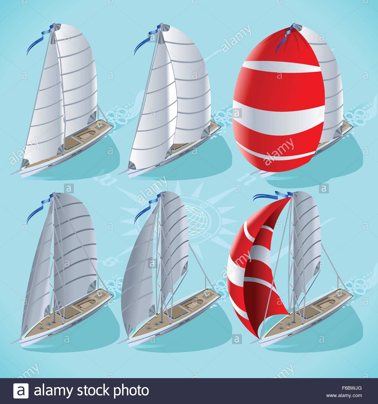 Points of Sail Isometric 3D Flat Style Set. Sail Boat Mainsail Jib
