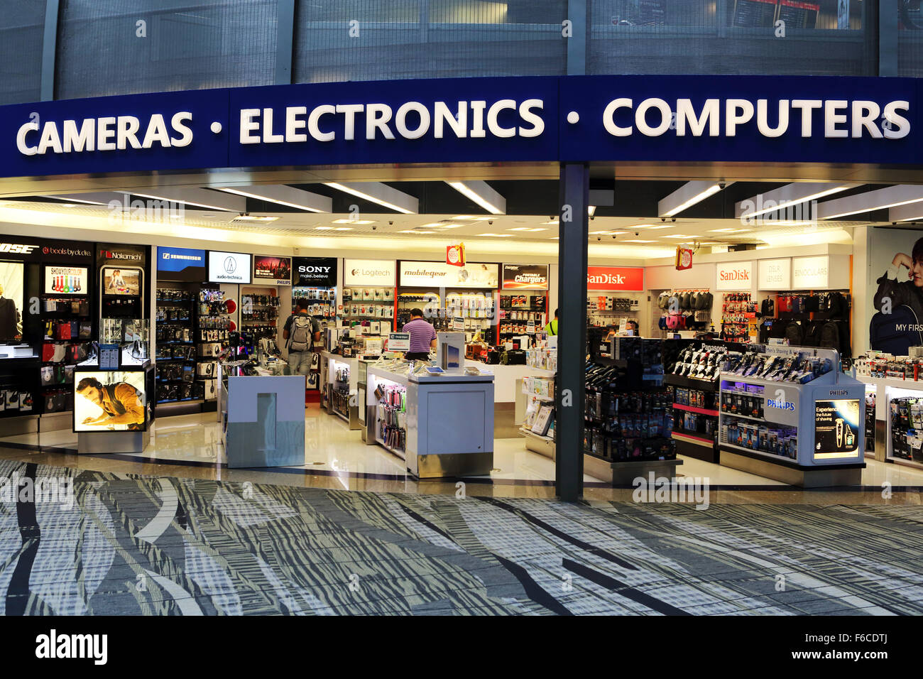 An electronics store at Changi International Airport in Singapore Stock