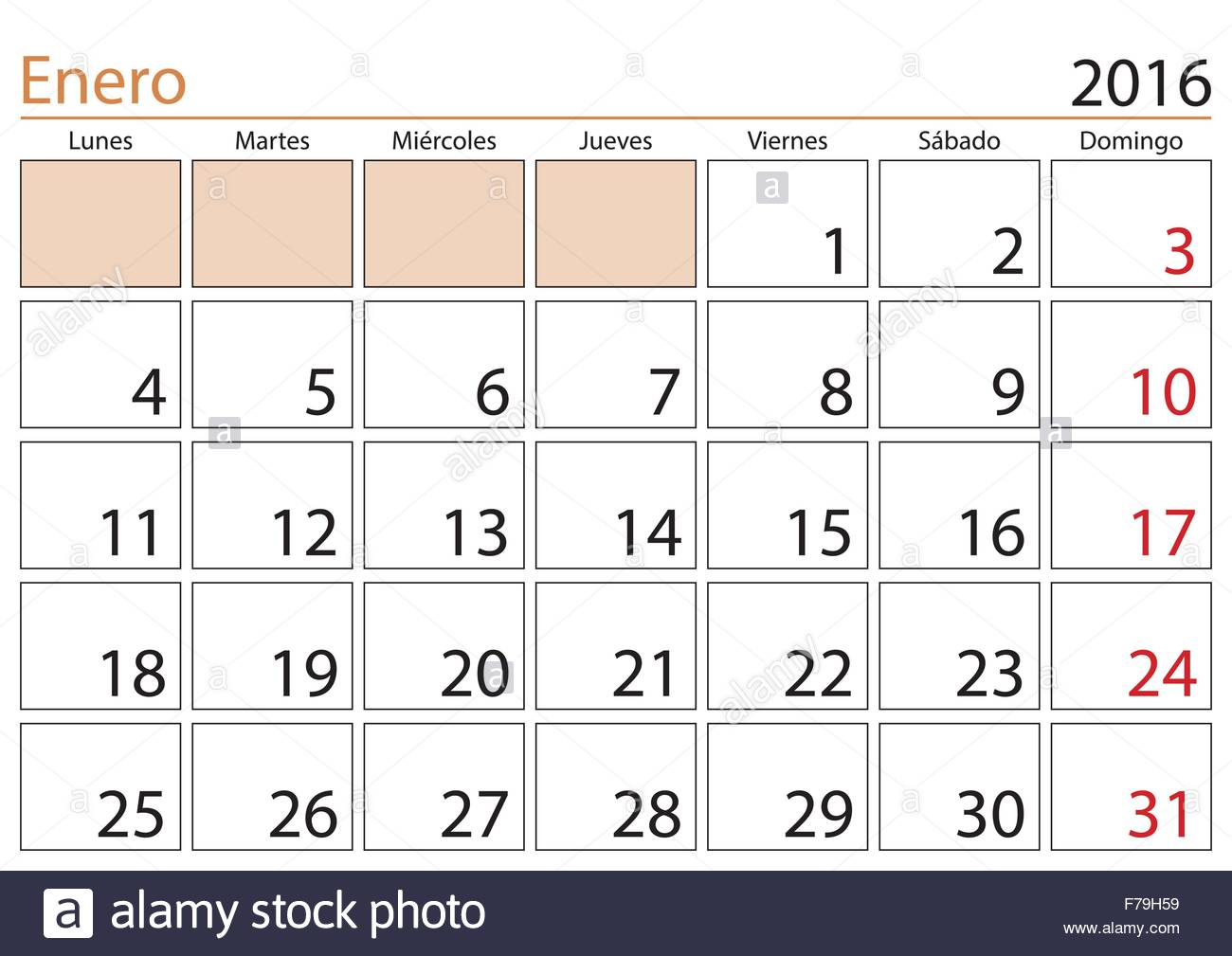 January Month In A Year 2016 Calendar In Spanish Enero 2016 Stock 