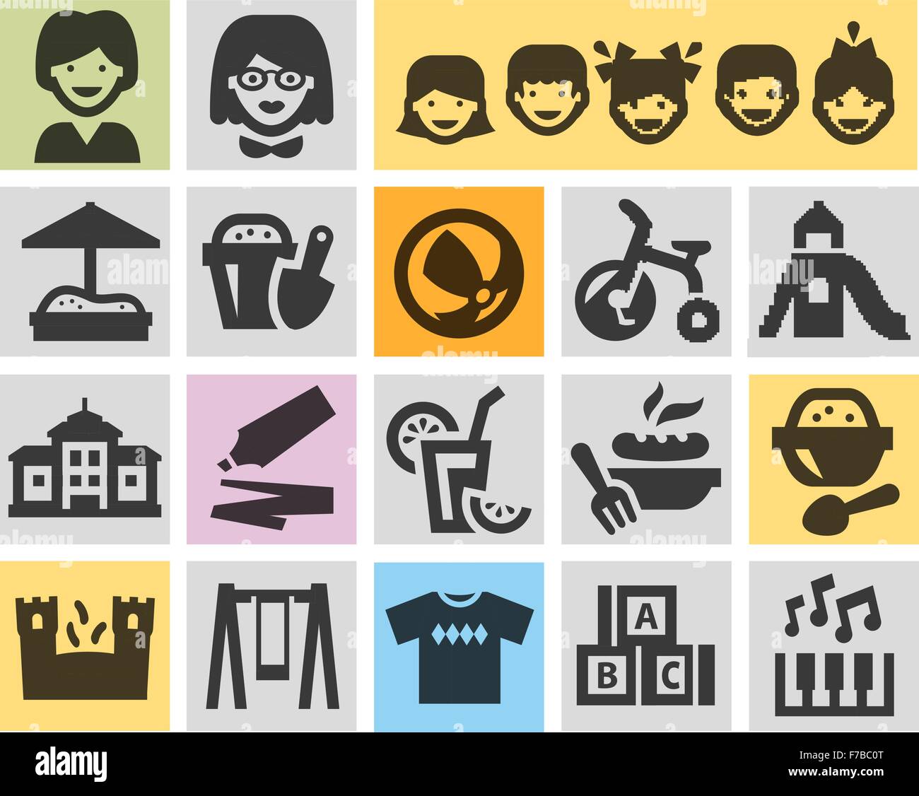 preschool, kindergarten set black icons. signs and symbols Stock Vector