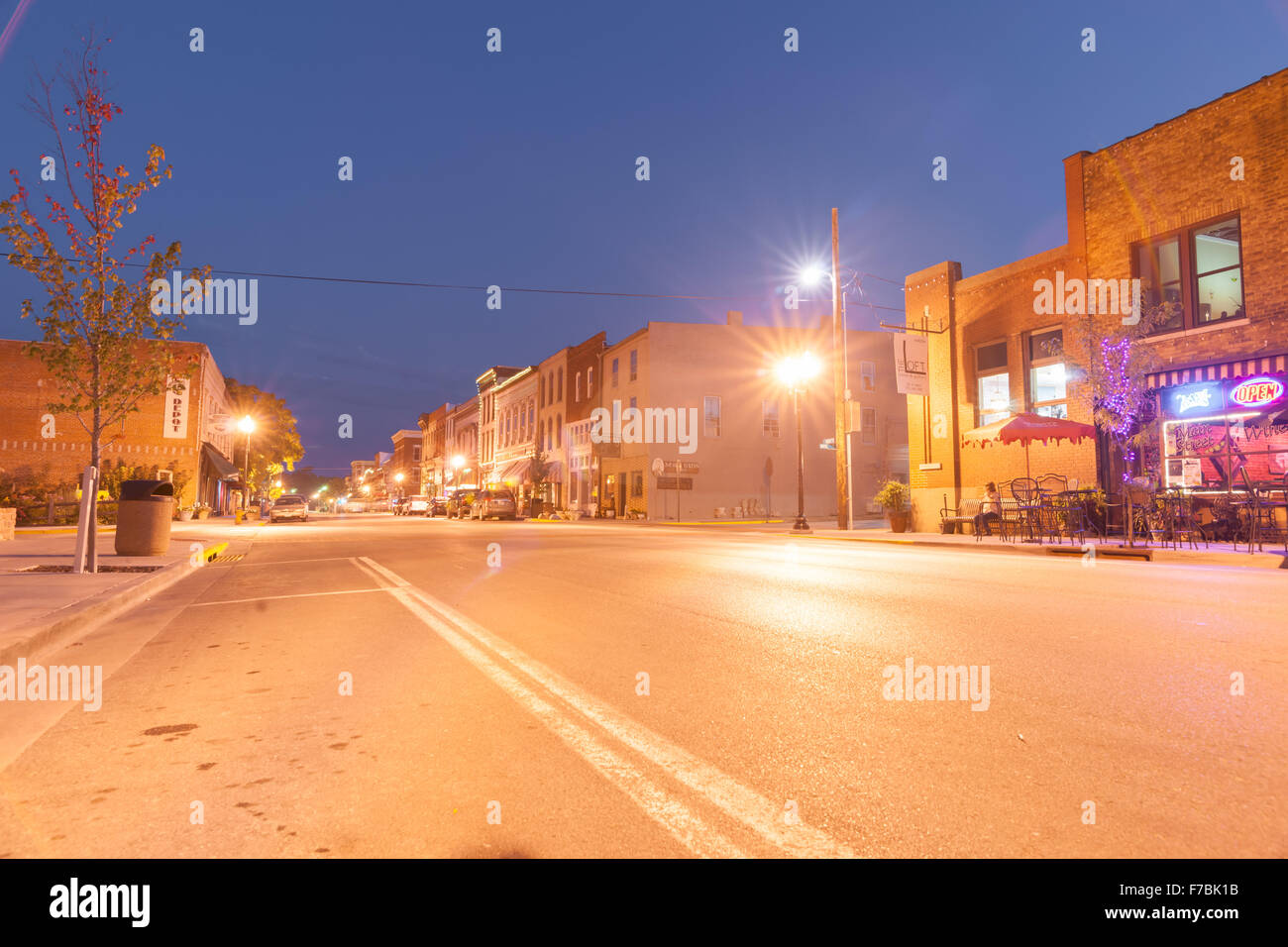 Night lights on Main Street Hannibal Missouri US historic hometown of