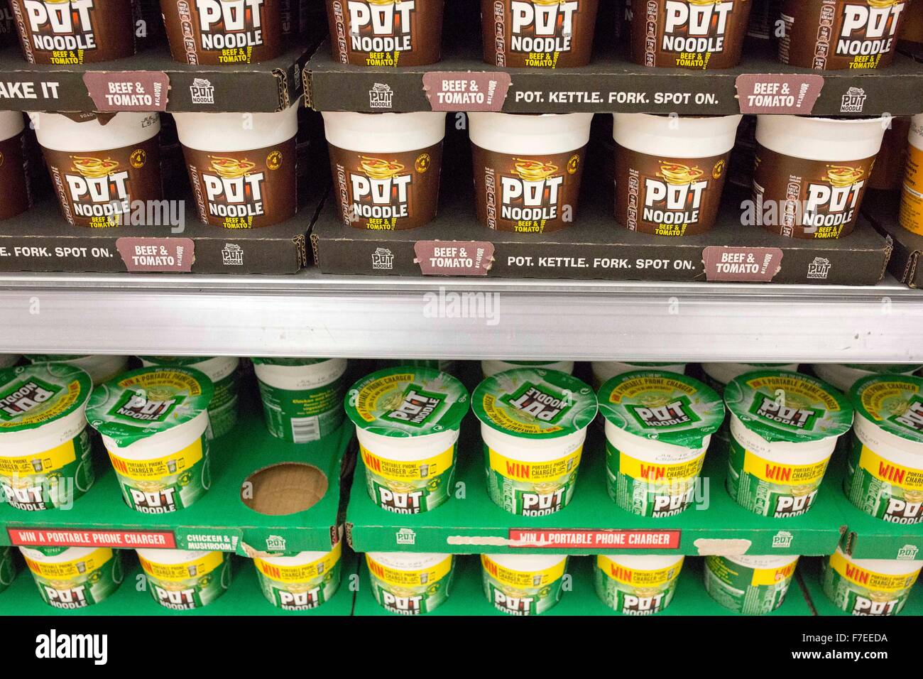 Pot Noodles on display in a supermarket Stock Photo, Royalty Free Image