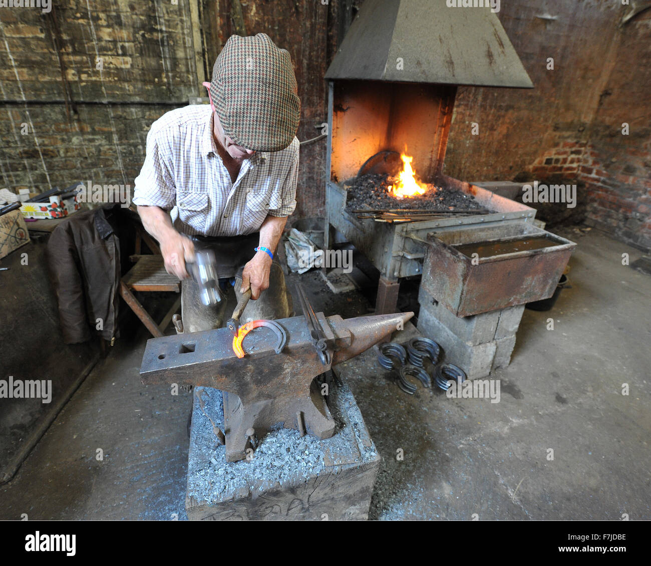 Farrier at work on horse shoe in Stock Photo, Royalty Free Image