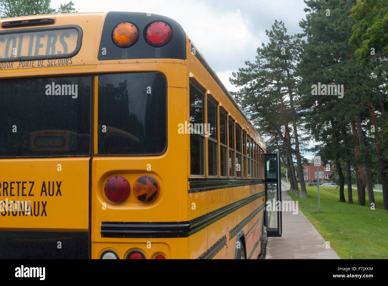 french yellow school bus emergency exit door Stock Photo, Royalty Free