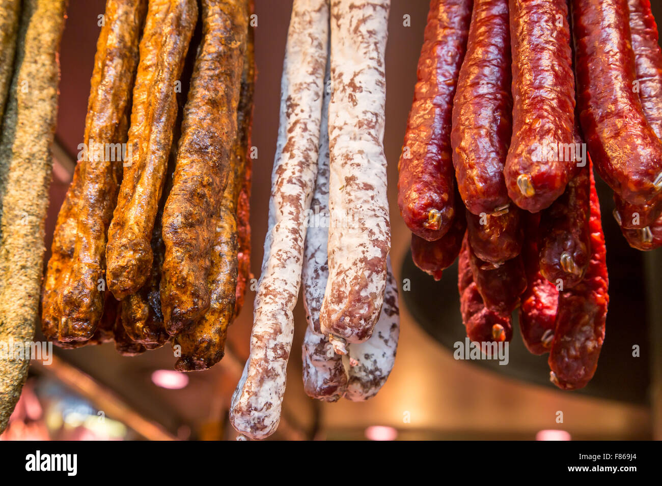 Catalan dry sausages, fuet market in Barcelona Stock Photo, Royalty