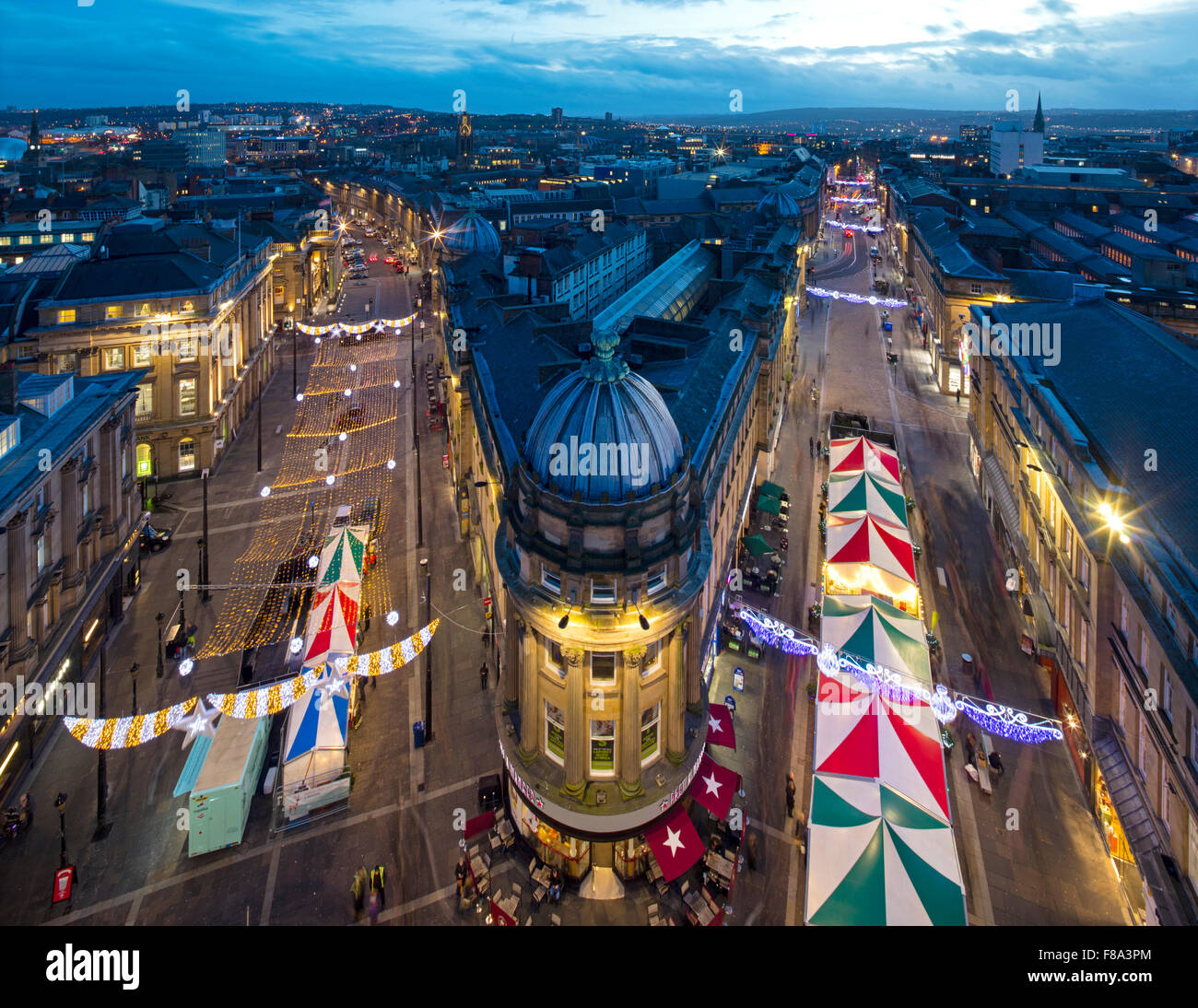 A view at dusk of Newcastle upon Tyne at Christmas from Grey's Stock ...