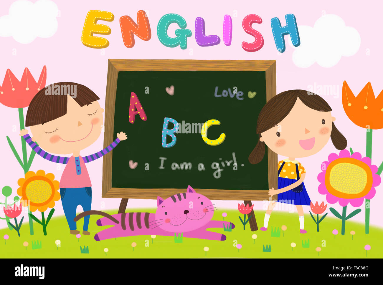 Worksheet Alphabet Sentence boy and gilr with english alphabet letters sentence on blackboard a cat flower against clouds