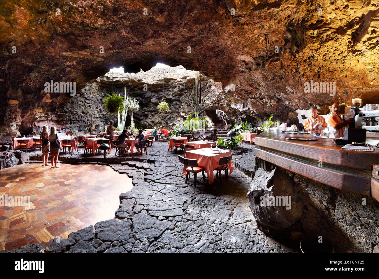 Lanzarote Island Jameos del Aqua, restaurant in volcanic cave Stock