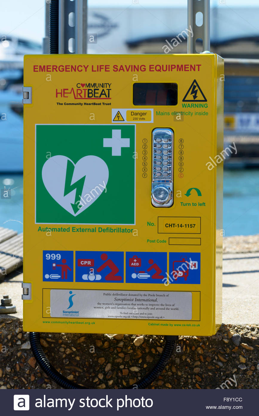 Defibrillator, Street emergency equipment box, Poole, Dorset Stock