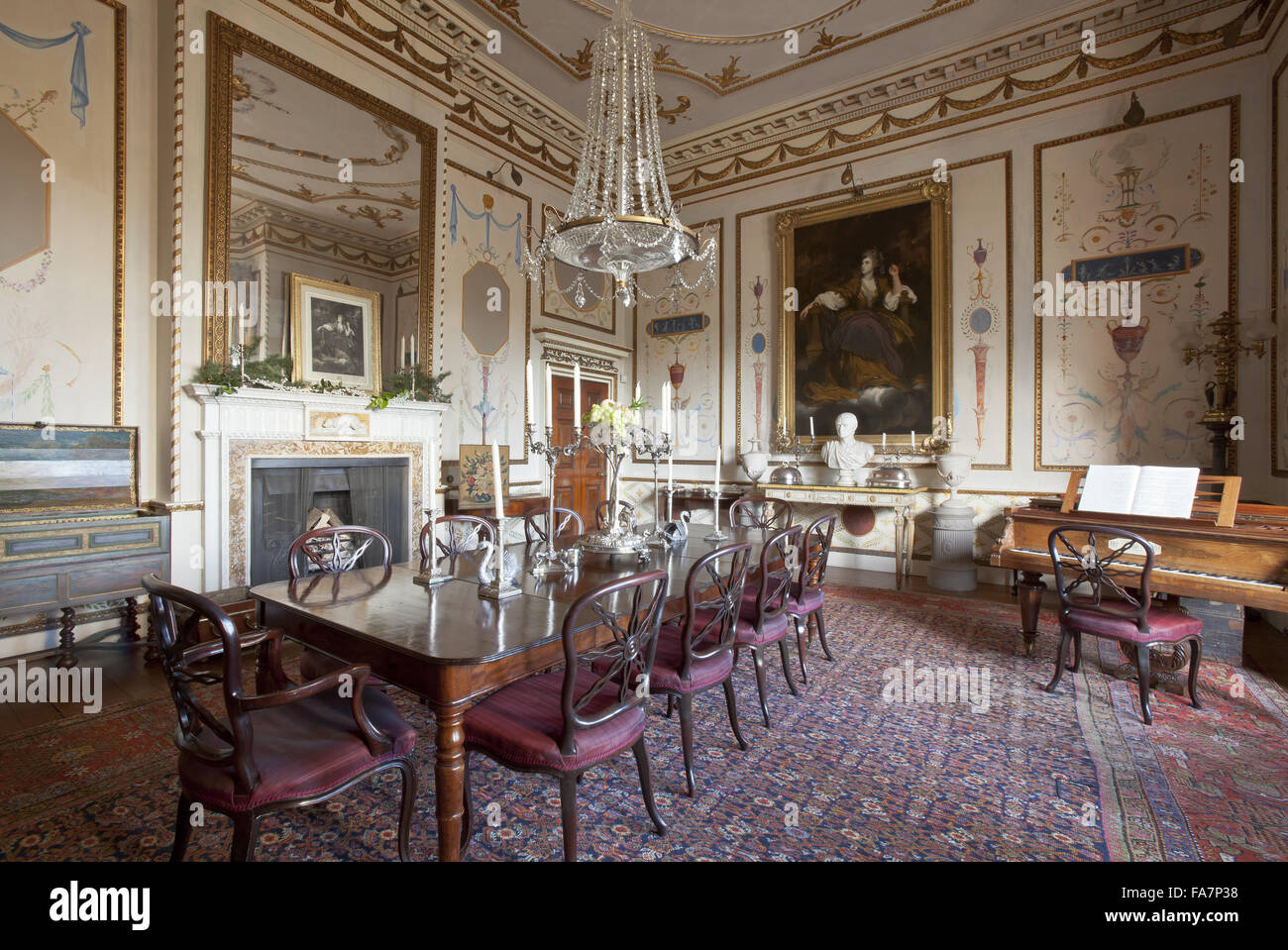 the dining room at hatchlands park, surrey. the painting at the the dining room at hatchlands park, surrey. the painting at the
