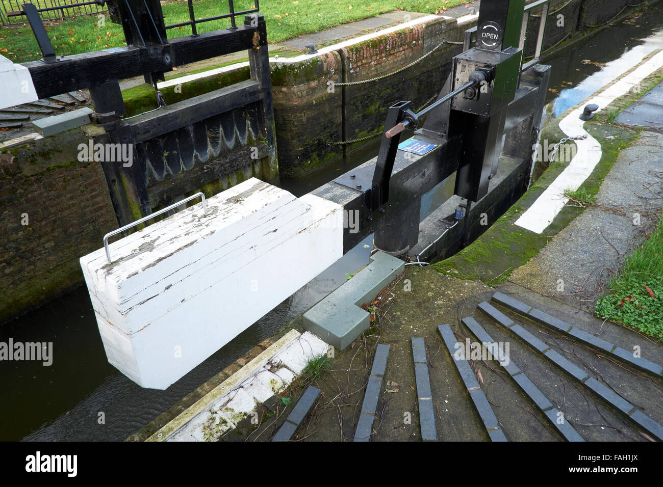 Mechanical lock gates in a river lock Stock Photo, Royalty Free Image