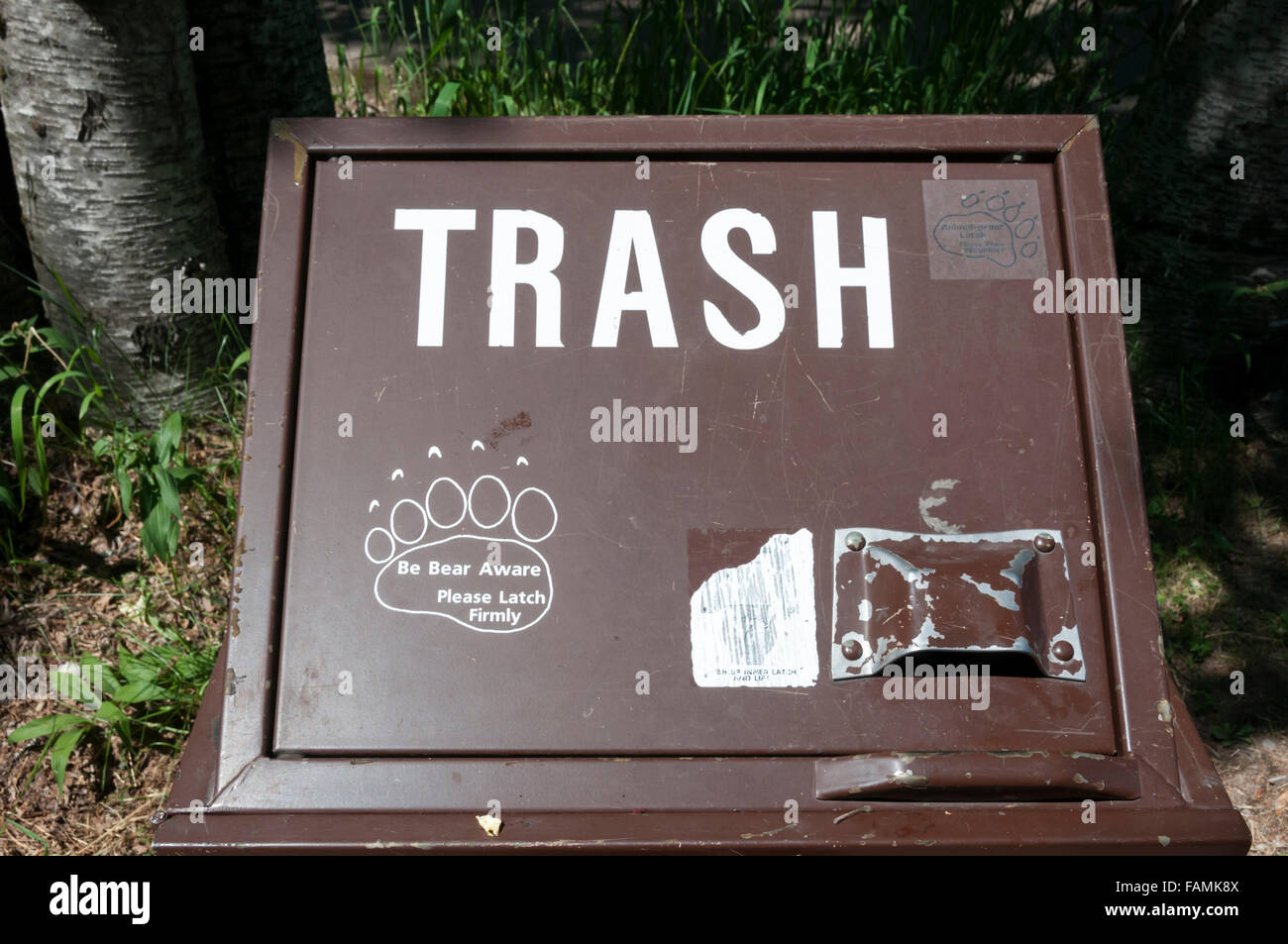 A bear proof trash can in Glacier National Park, Montana, USA Stock