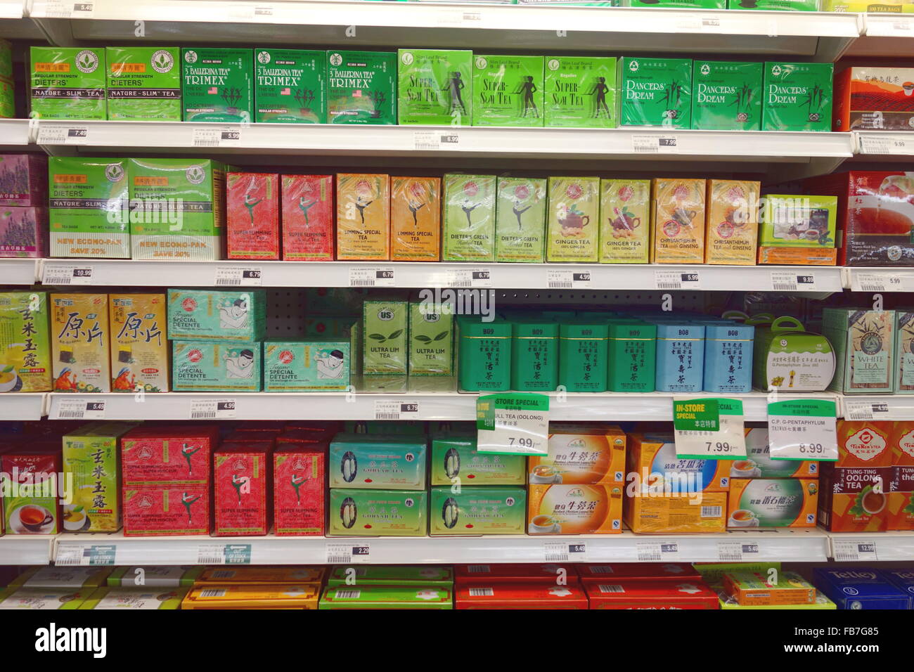 Tea packages selection at a Chinese supermarket in Toronto, Canada