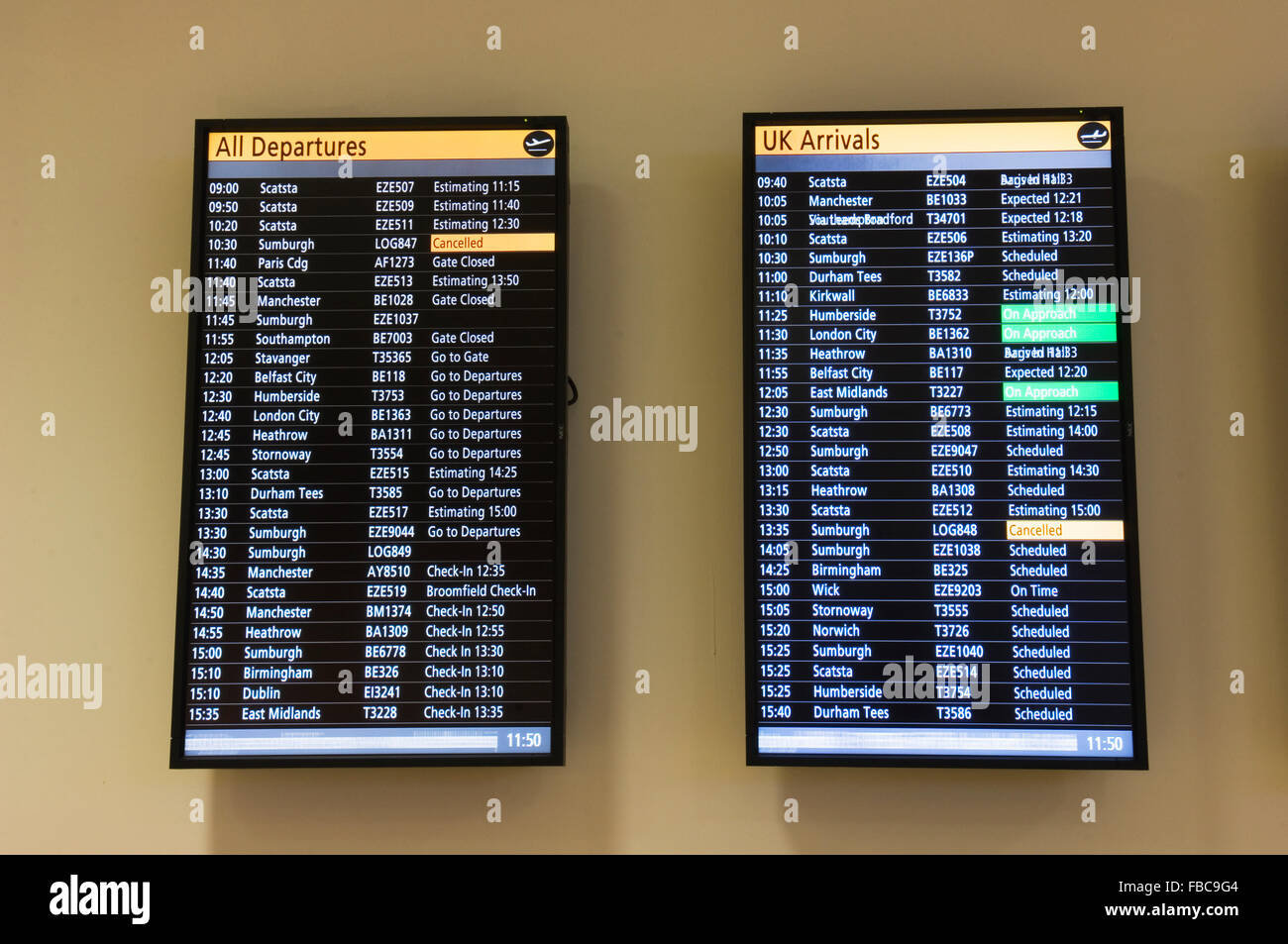 Departures and Arrivals boards at Aberdeen airport, Scotland Stock
