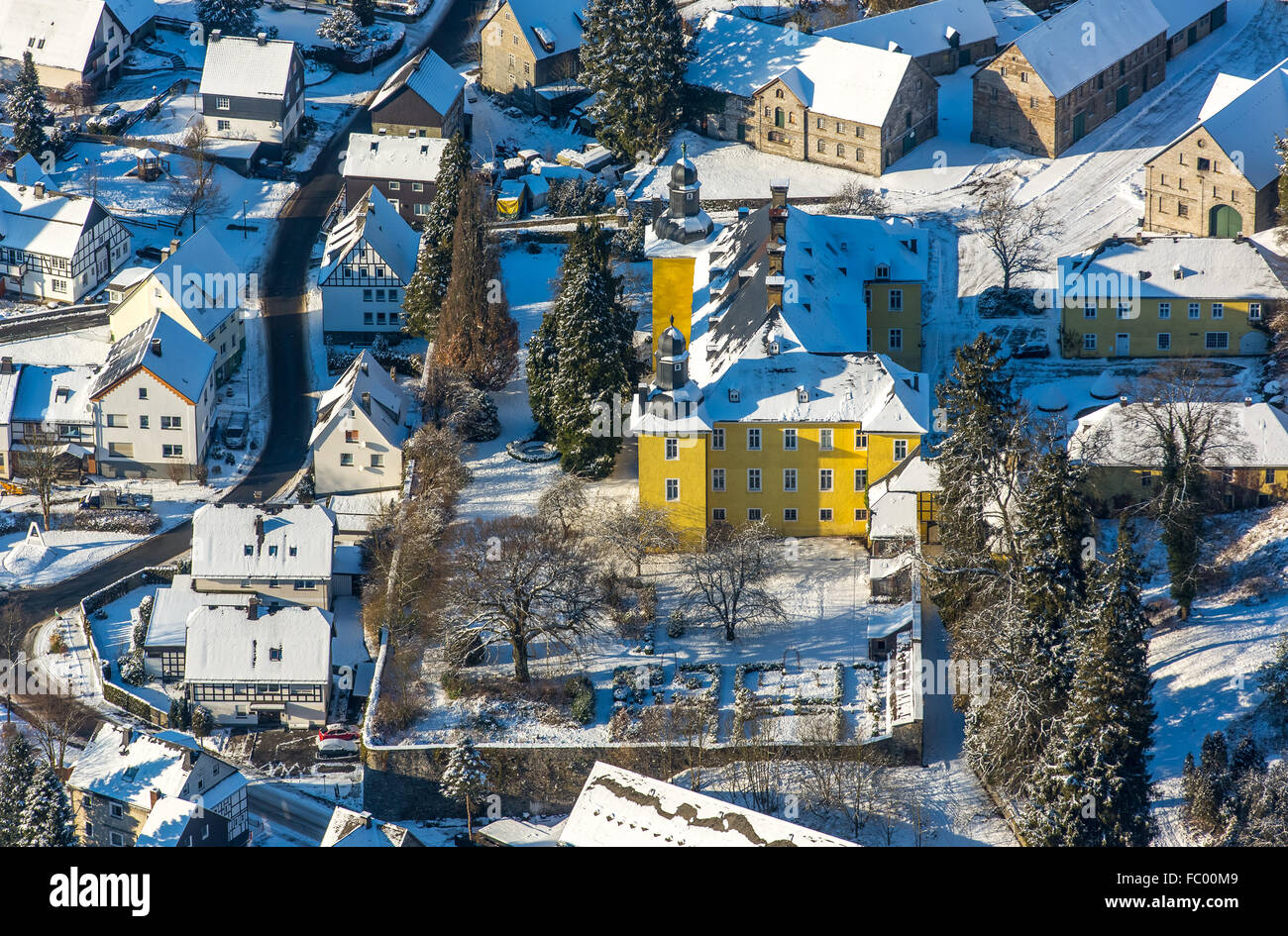 aerial view, antfeld with lock antfeld, yellow castle, winter aerial view, antfeld with lock antfeld, yellow castle, winter