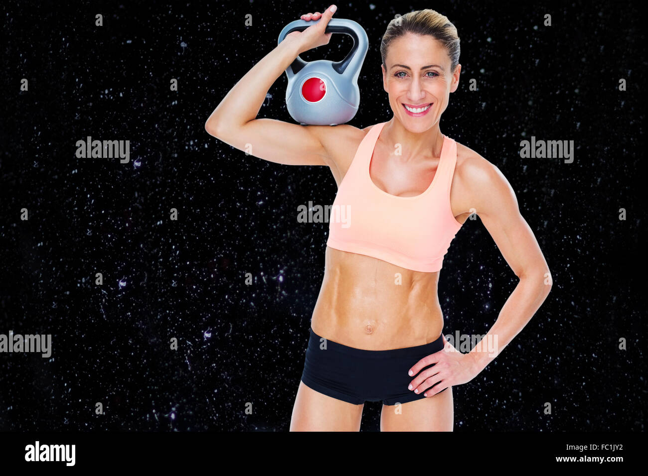 Composite Image Of Female Blonde Crossfitter Holding Kettlebell Smiling